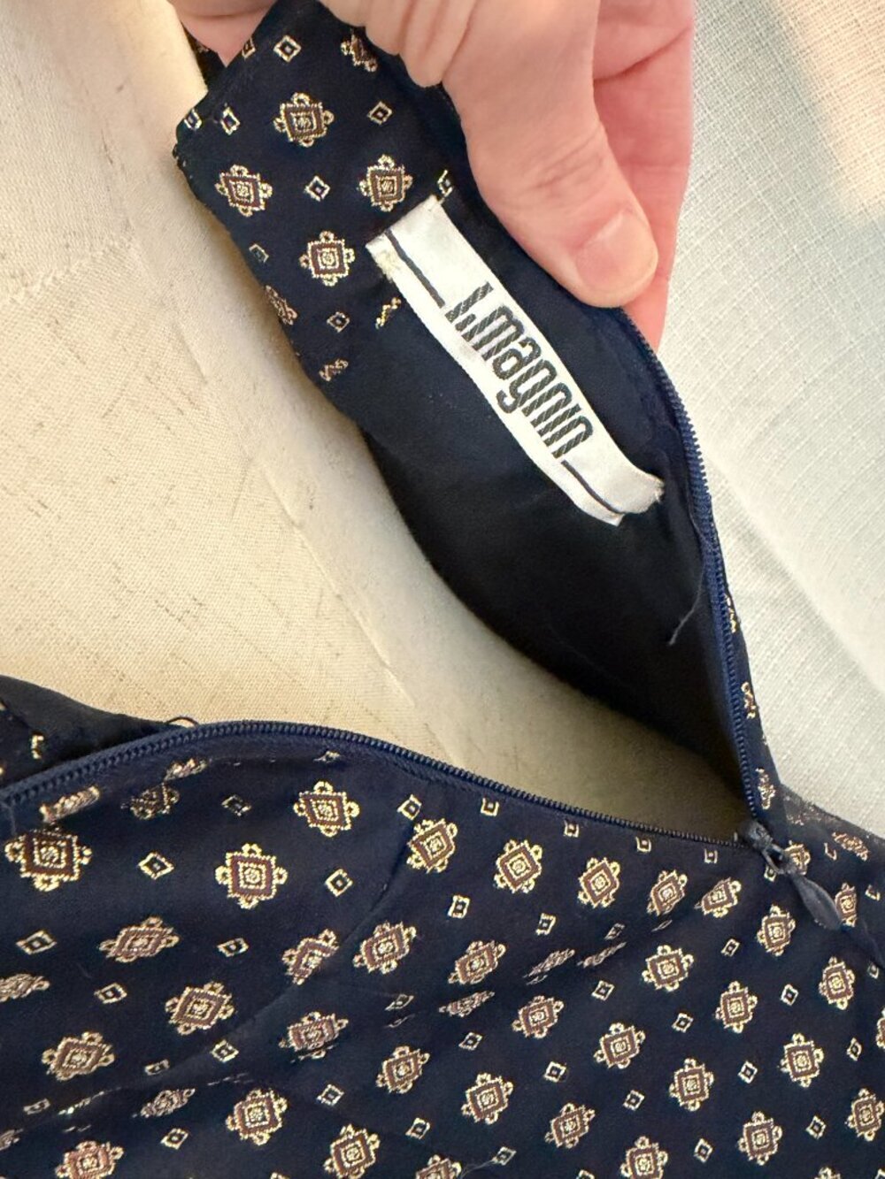 I. Magnin Vintage Navy Gold Brocade Maxi Dress Set Formal Wedding Guest M - Picture 10 of 12